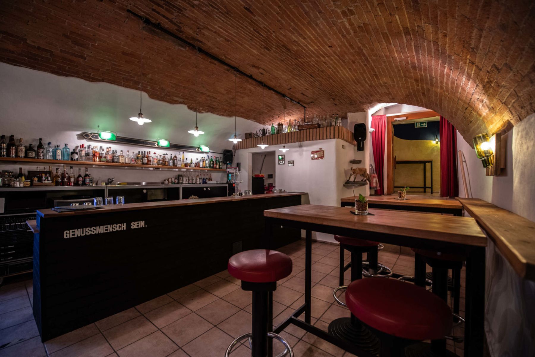 Der Barraum von Reinekes Bar: eine lange dunkle Theke unter einem alten Ziegelgewölbe, grüne Lampen über der Flaschenwand, rote Barhocker an Holztischen.